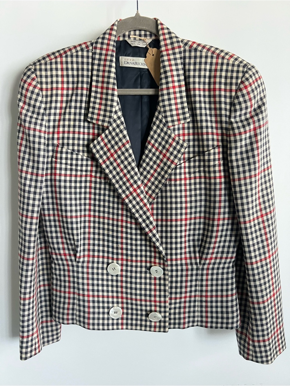 Vintage Dana Buchman Black, White & Red Plaid Double-Breasted Blazer